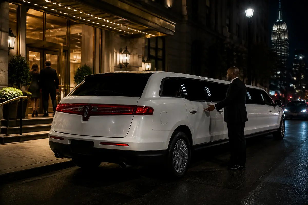 Passengers entering a luxury vehicle for an evening event in New York