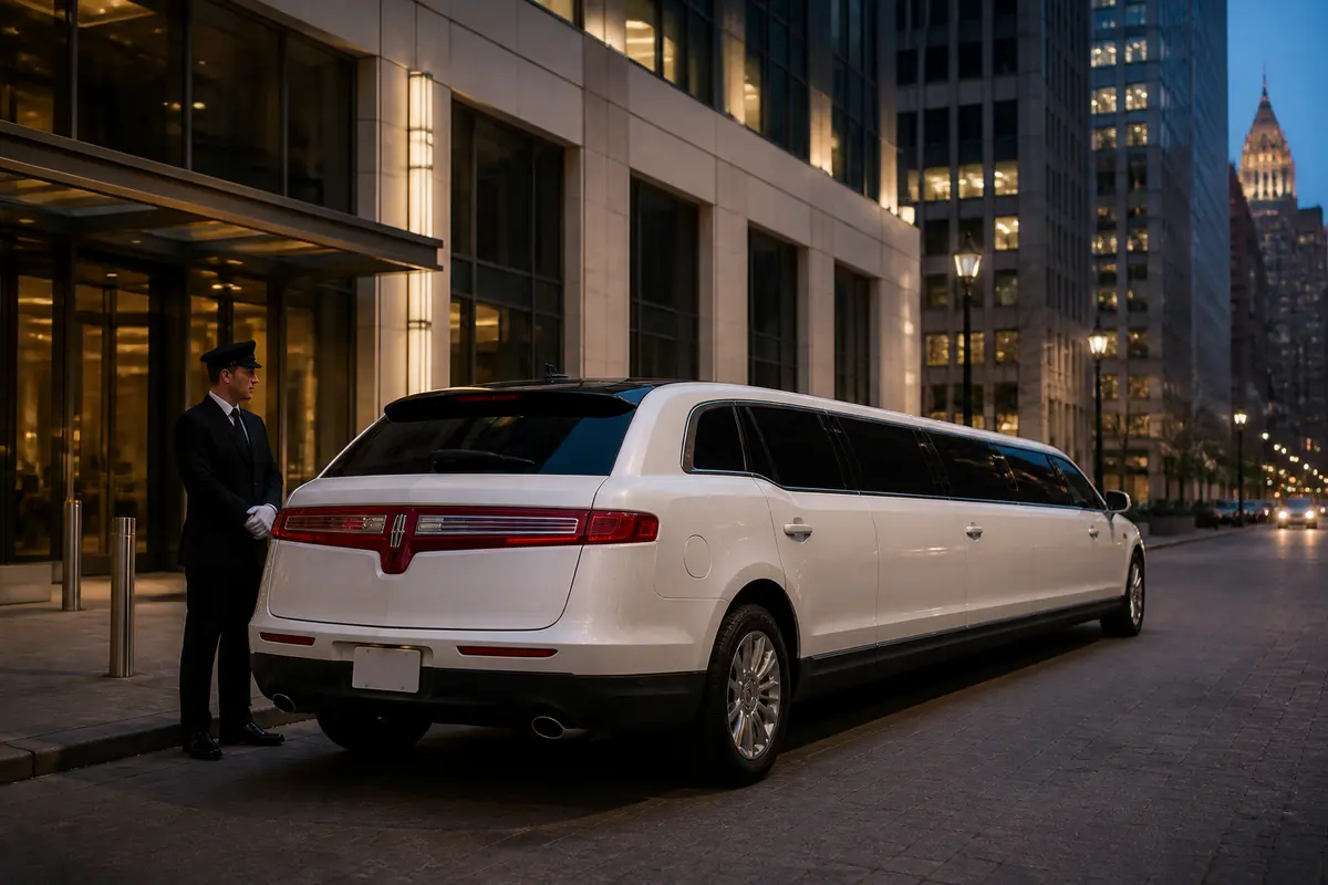 Passengers relaxing inside a spacious limousine during a city journey