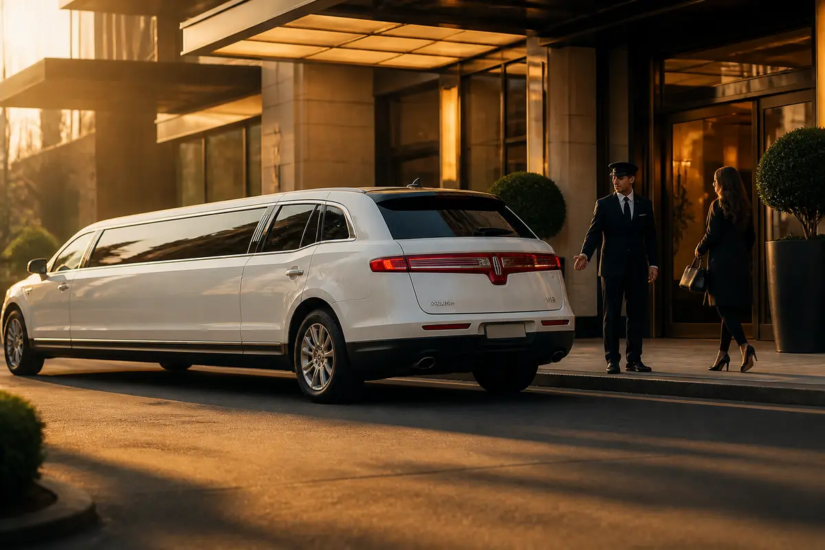 Traveller waiting beside luggage for a scheduled airport limousine pickup
