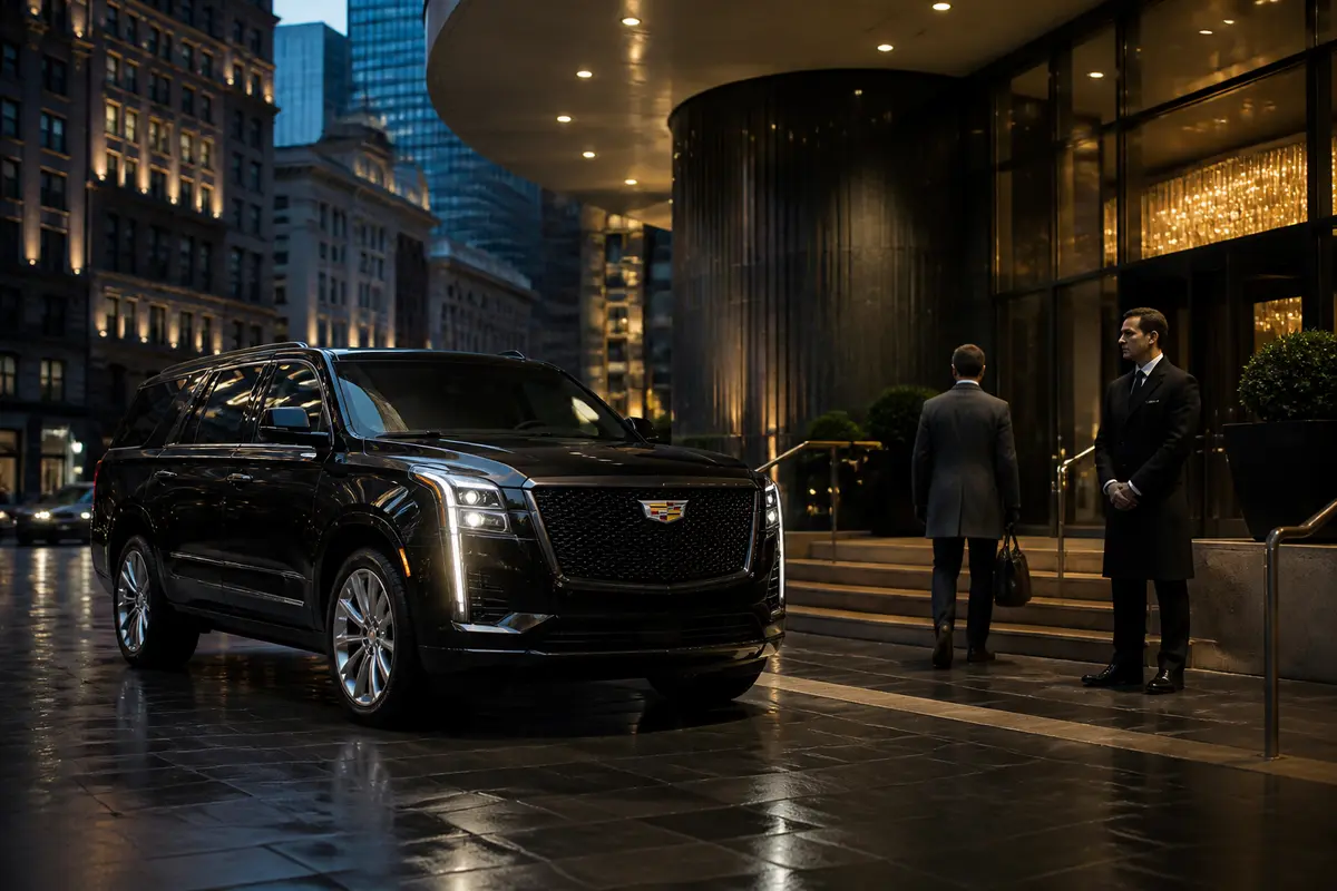 Travelers reviewing a transportation itinerary beside a luxury SUV