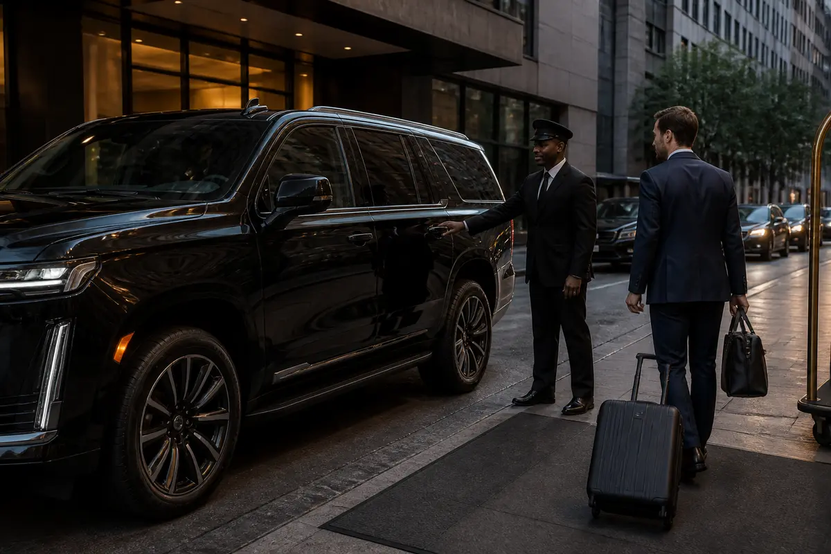 Professional chauffeur opening a luxury vehicle door for a business traveller