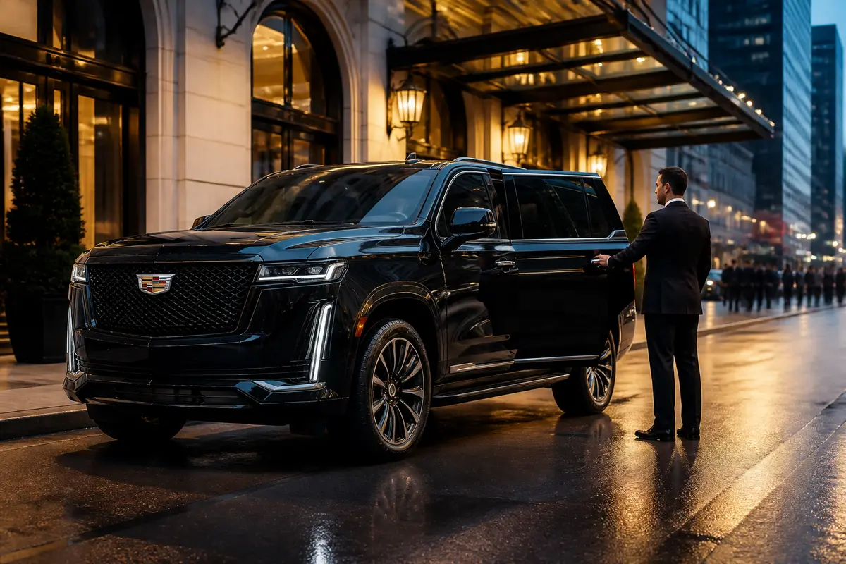 Passengers preparing for an airport transfer in a spacious luxury vehicle