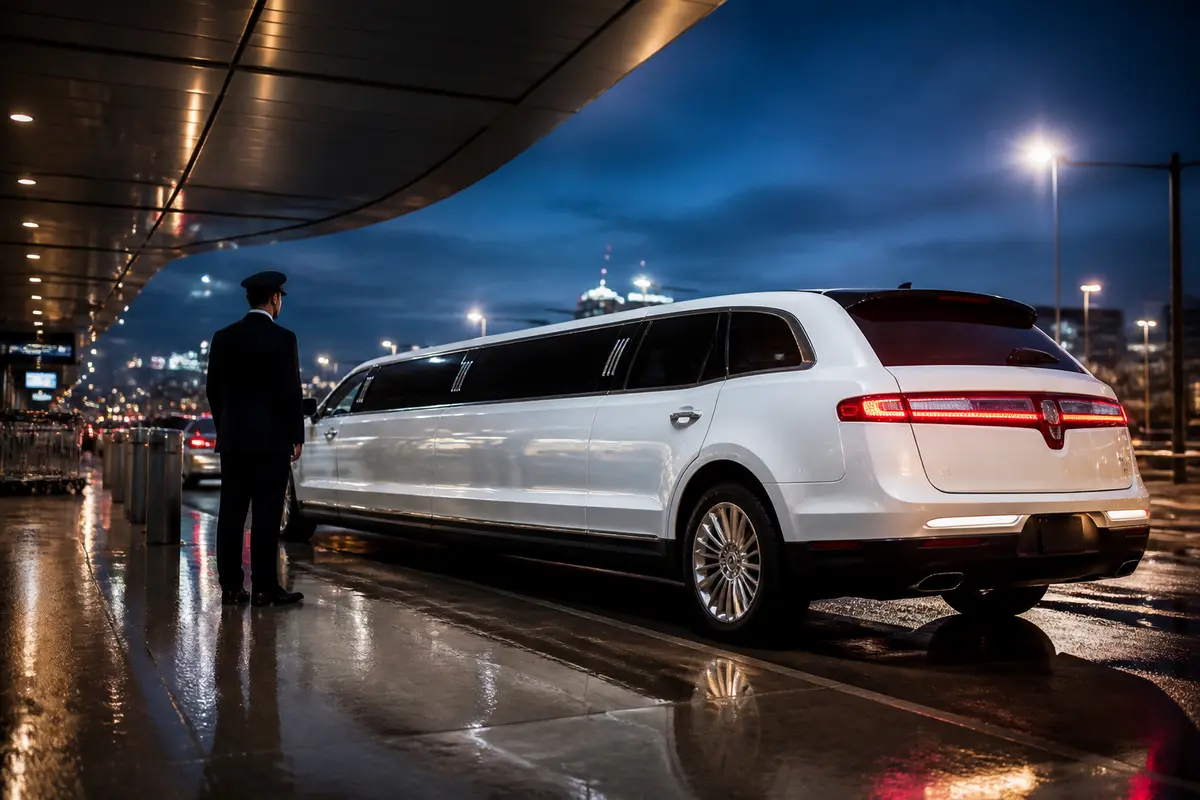 Passengers preparing to enter a limousine for a New York event