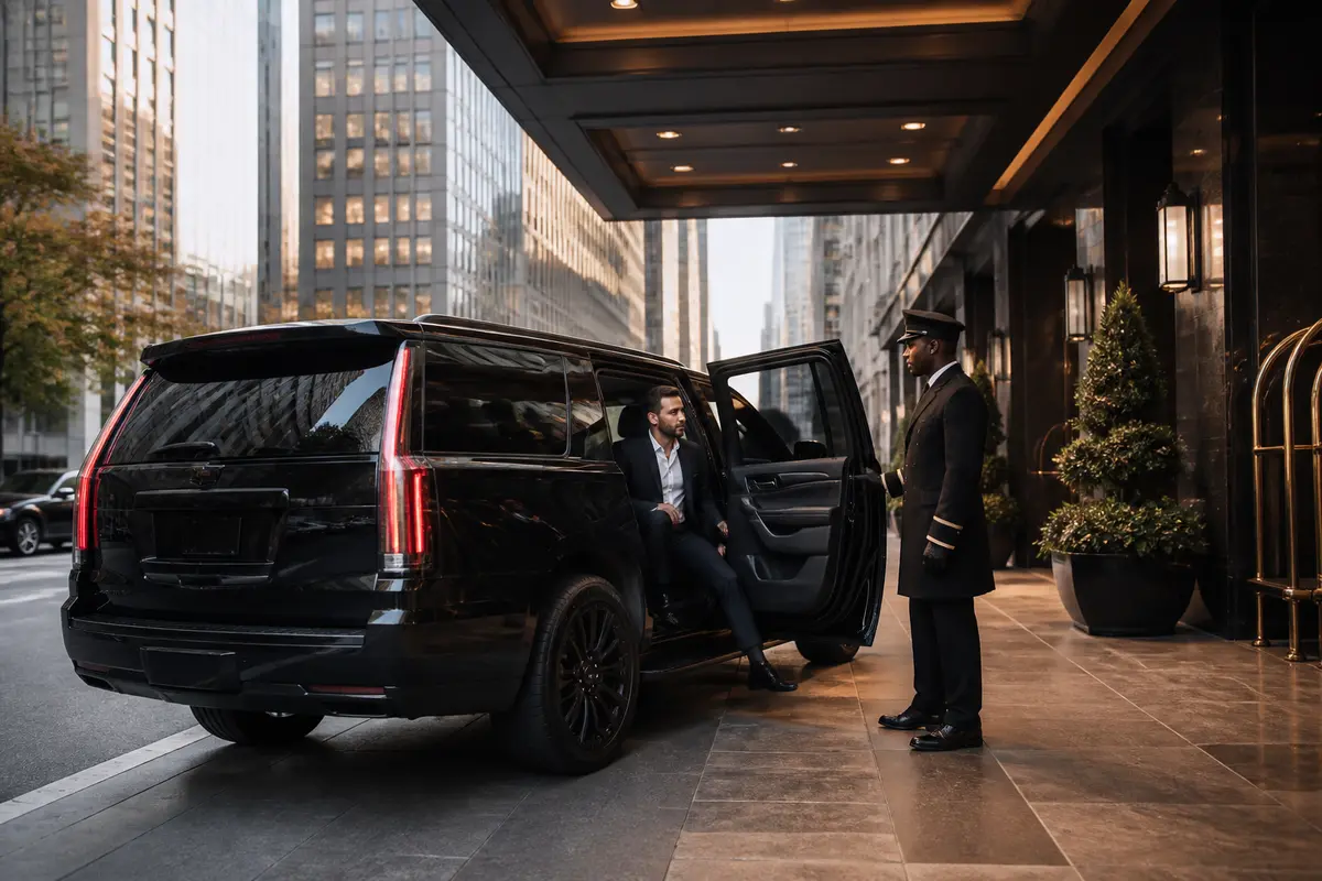 Group of travellers preparing to board a limousine for an event