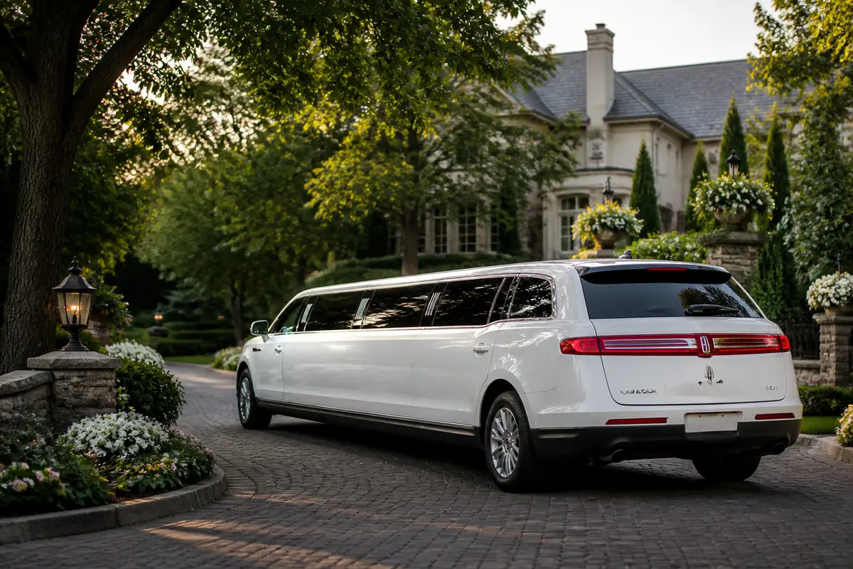 Wedding limousine arriving at a venue entrance with room for passenger pickup