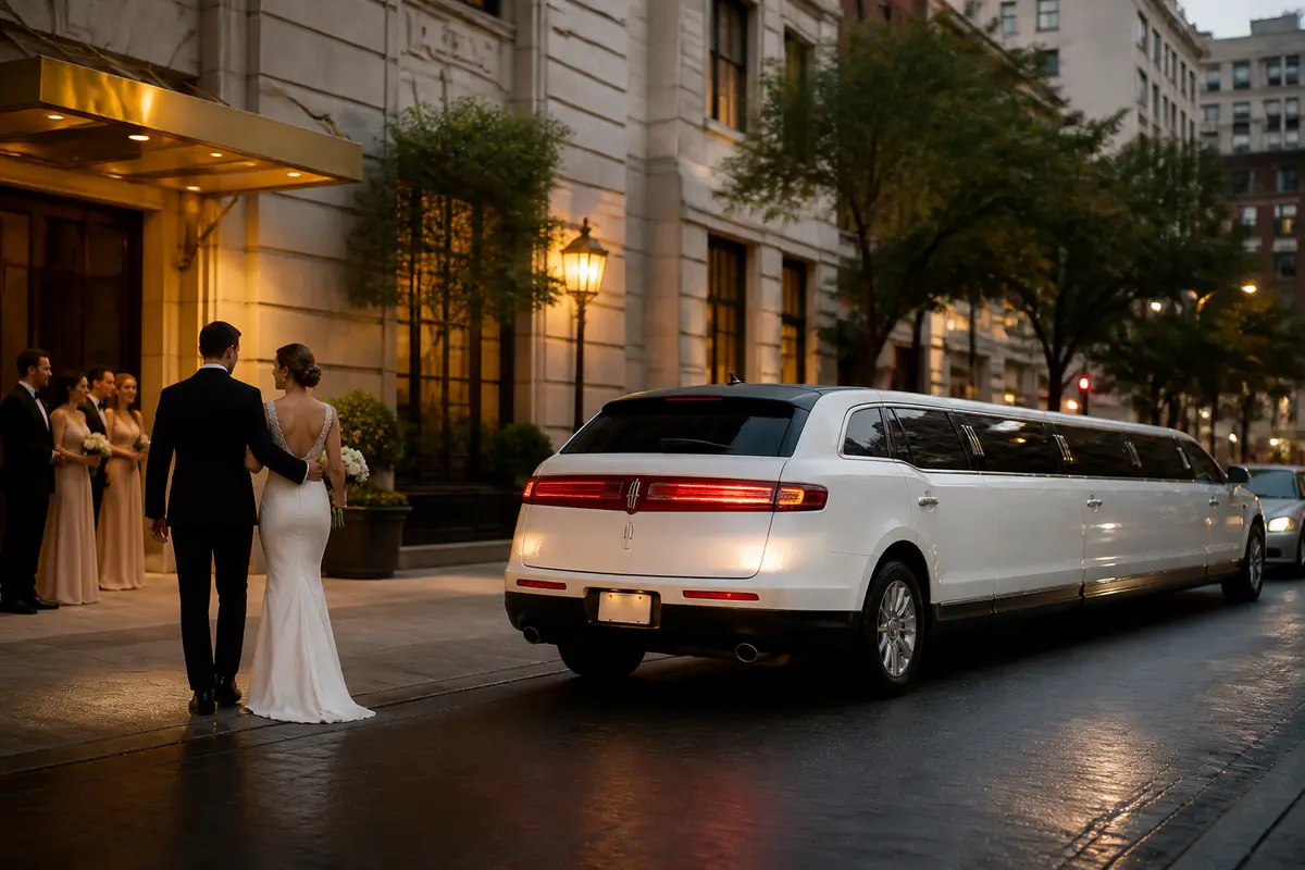 Elegant limousine waiting near a New York City wedding reception entrance