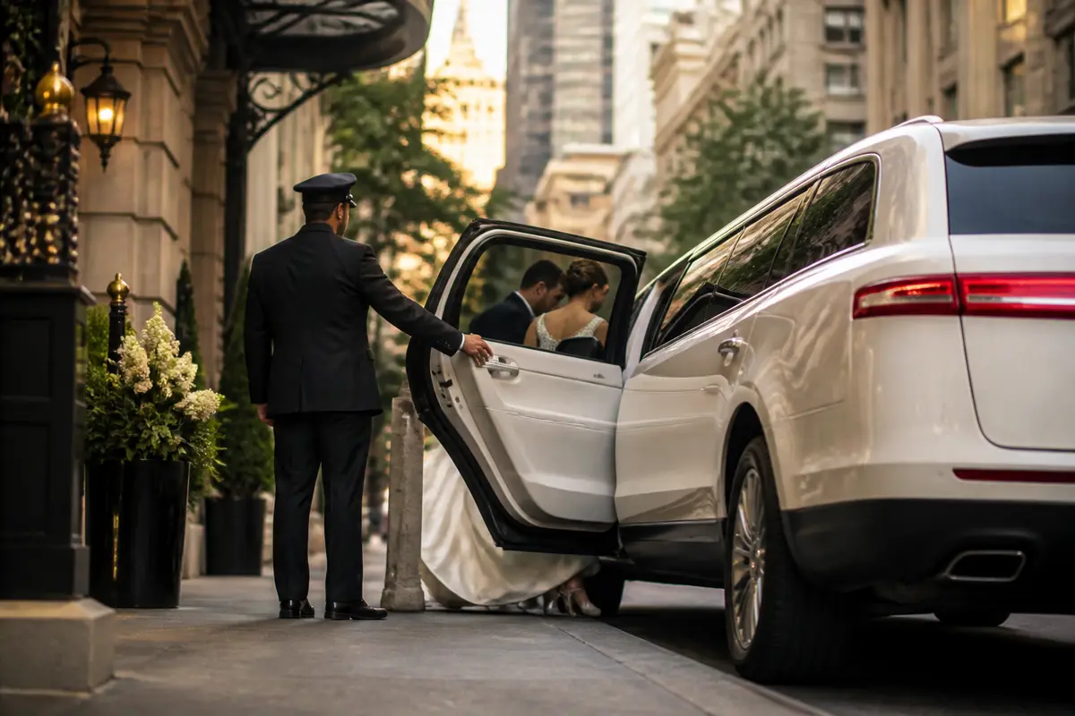 Black limousine arriving outside a New York City wedding venue