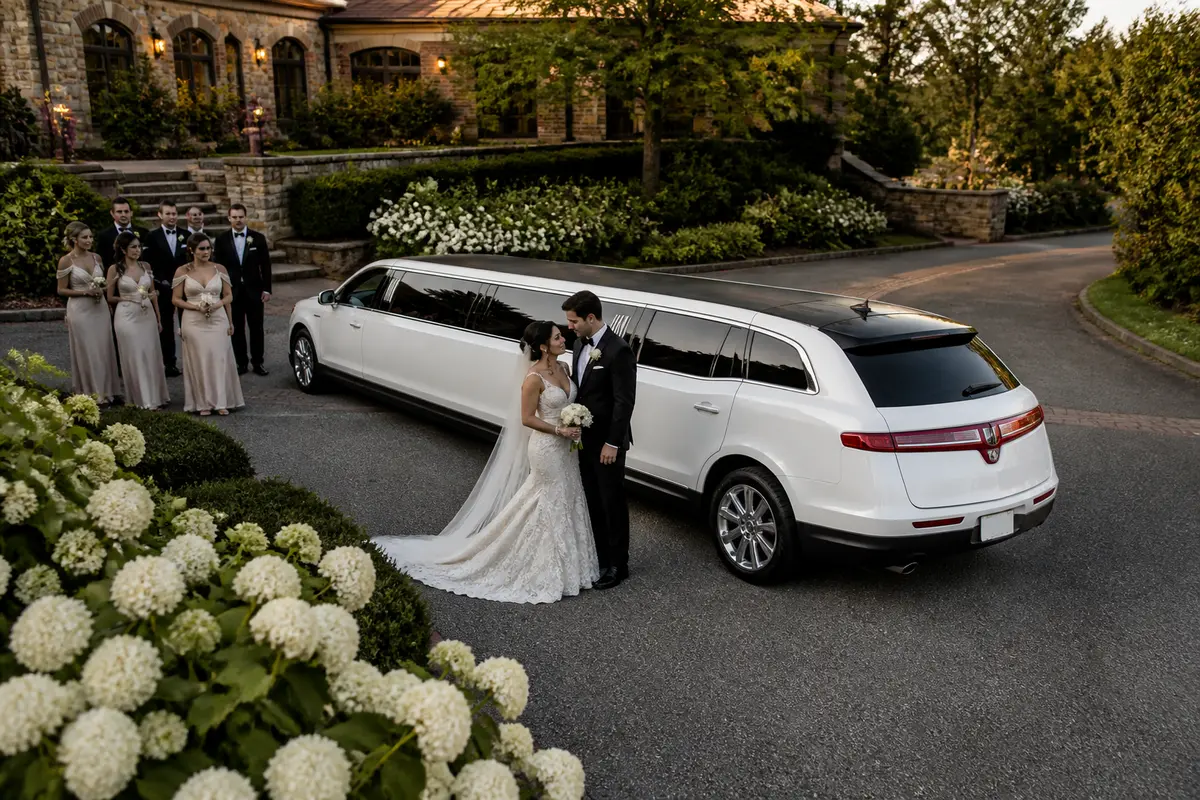 Wedding guests boarding a shuttle outside a hotel