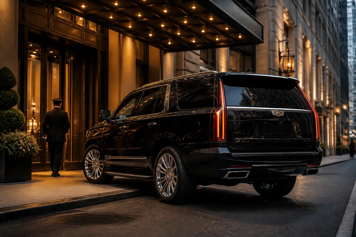 Business travelers loading luggage into a private limousine near an airport terminal