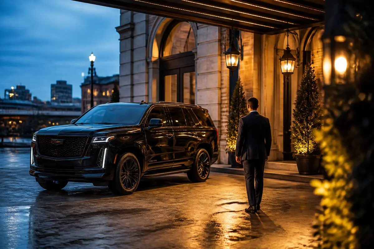 Professionally dressed chauffeur opening a luxury vehicle door for event guests