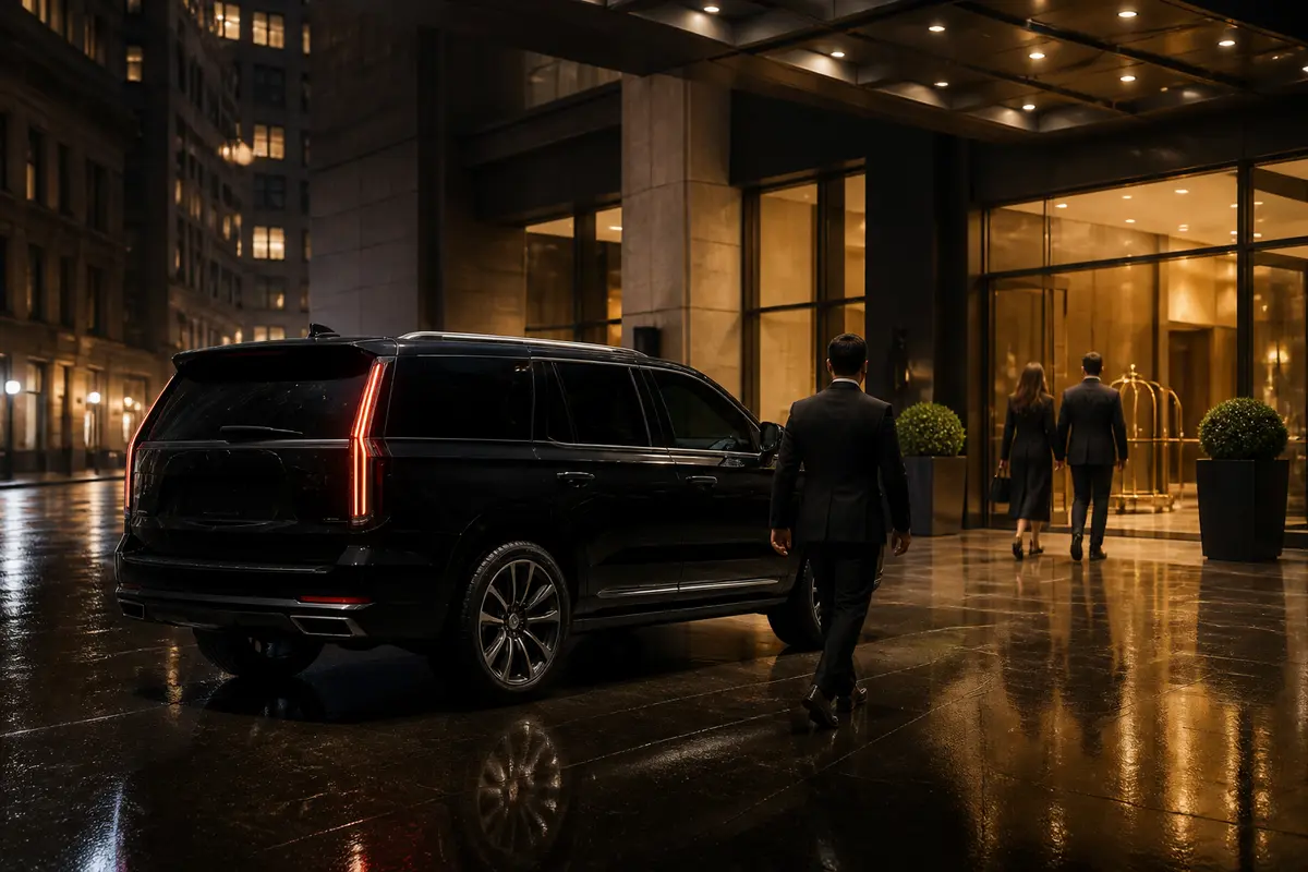 Elegant limousine waiting outside a Manhattan event venue at dusk