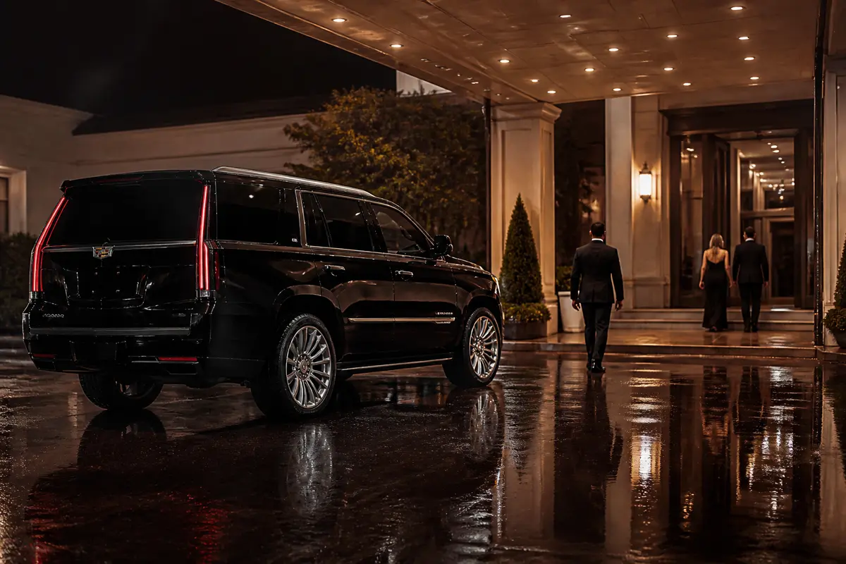 Luxury limousine arriving at an evening event entrance in New Jersey
