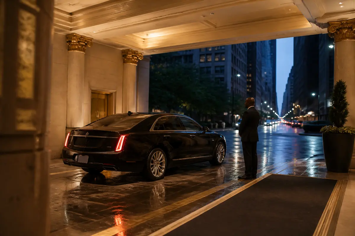 Elegant limousine arriving near a Manhattan event venue at dusk