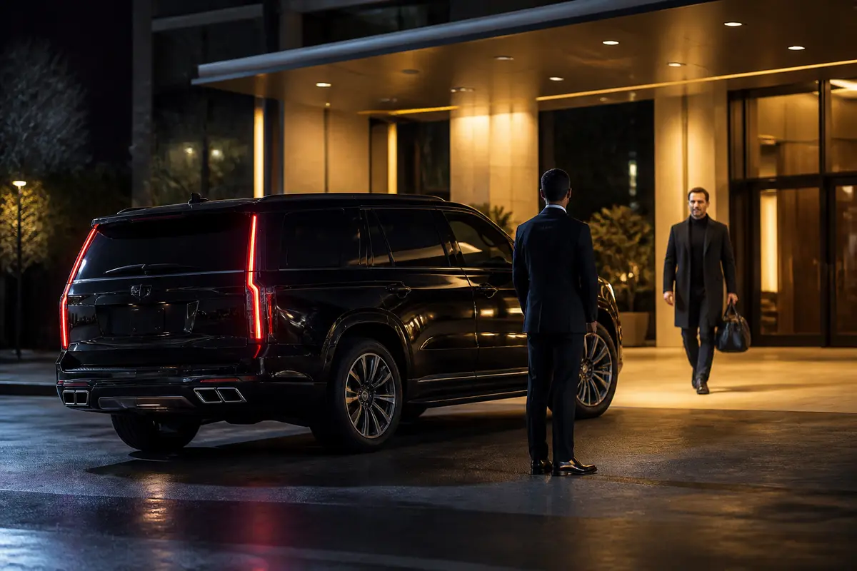 Professionally dressed chauffeur opening a limousine door for evening event transportation
